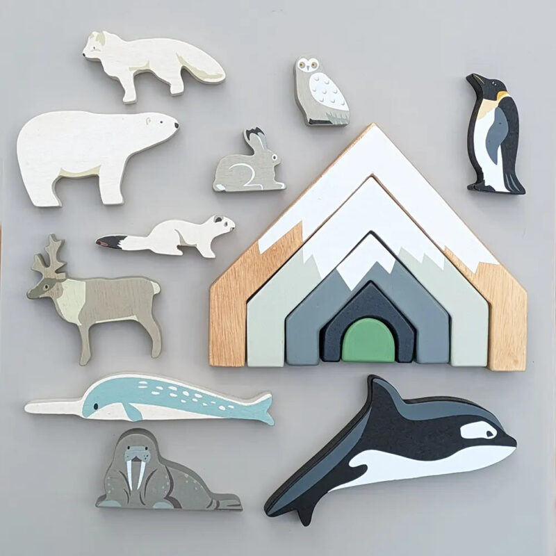 Vedino Polar Animals & Mountains Wooden Playset – Educational Toy Bundle